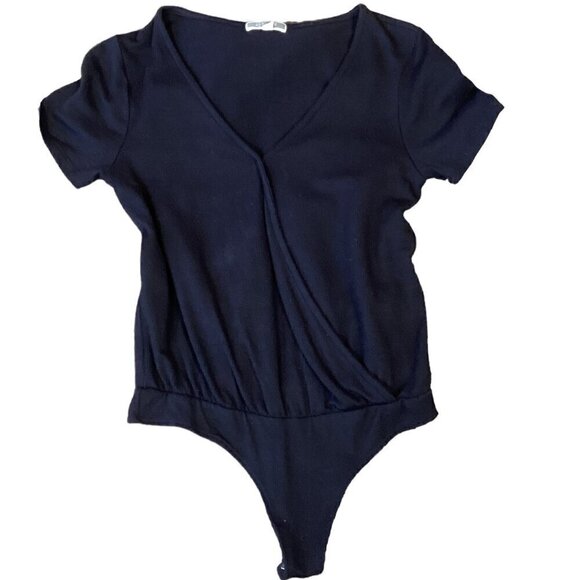 Pleione Short Sleeve V-Neck Bodysuit Top S Stretch Ribbed Knit Black 284G - Picture 2 of 8